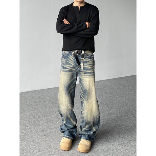 98SQUID 美式vibe水洗猫须渐变牛仔裤男女宽松垂感阔腿休闲长裤子