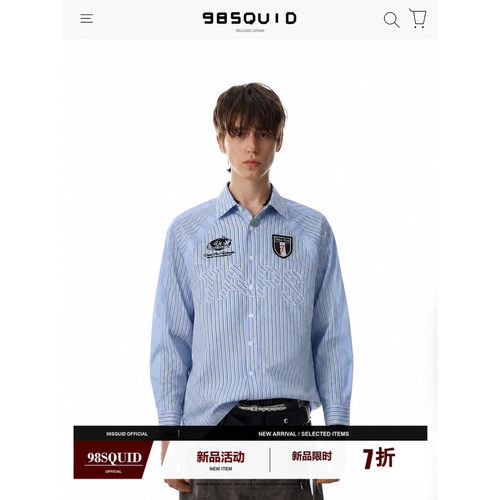 98SQUID美式复古撞色条纹拼接衬衫男女宽松百搭设计感休闲上衣