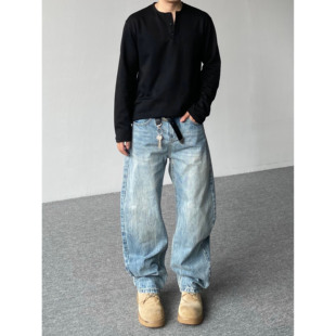 98SQUID 美式复古水洗闪电纹弯刀牛仔裤男女宽松休闲阔腿垂感长裤