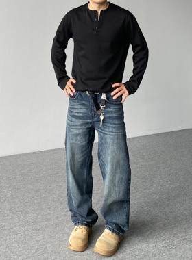 98SQUID 美式复古深色水洗猫须牛仔裤男女宽松直筒百搭休闲长裤潮