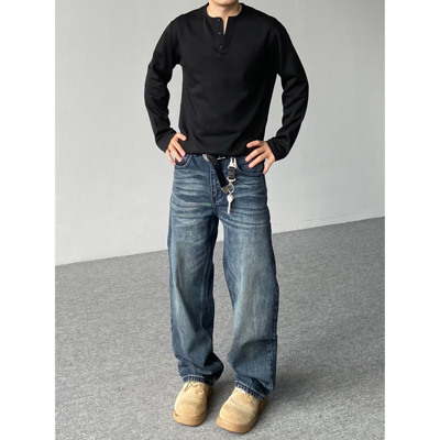 98SQUID 美式复古深色水洗猫须牛仔裤男女宽松直筒百搭休闲长裤潮