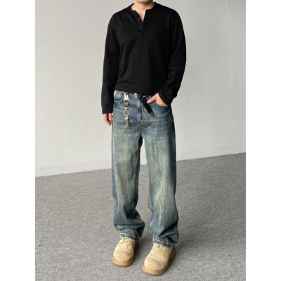 98SQUID 美式复古水洗做旧竹节怀旧蓝牛仔裤男女宽松休闲直筒长裤