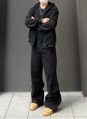 98SQUID 美式复古伞兵褶皱阔腿工装裤情侣高街宽松百搭休闲长裤潮