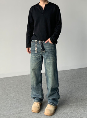 98SQUID 美式复古水洗猫须侧边鱼骨线深色牛仔裤男女宽松直筒长裤