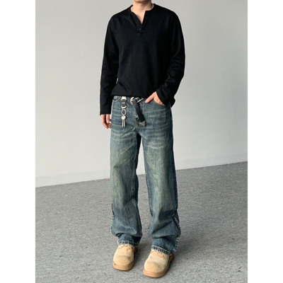 98SQUID 美式复古水洗猫须侧边鱼骨线深色牛仔裤男女宽松直筒长裤