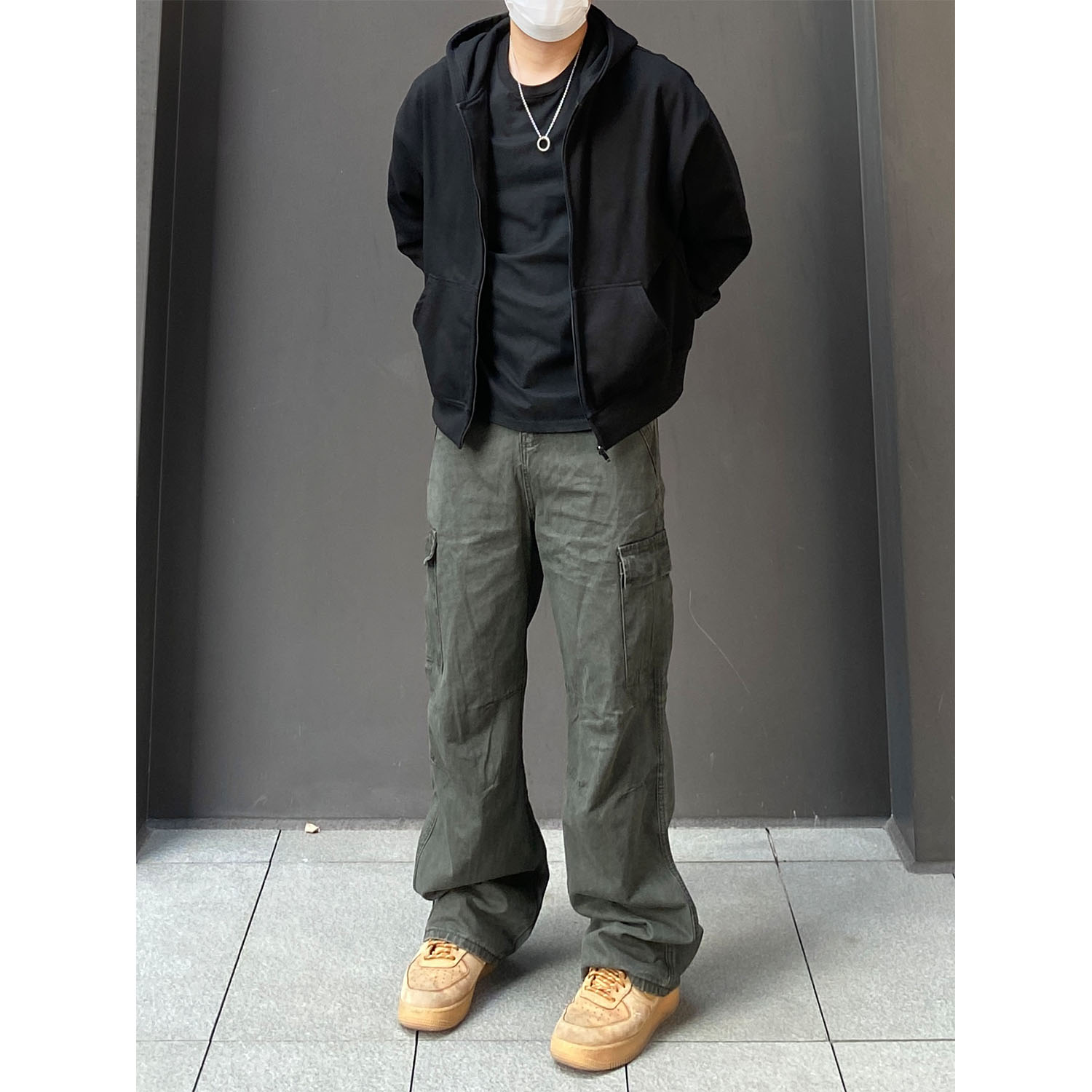 98SQUID 美式复古水洗大口袋工装裤男女宽松设计感直筒百搭长裤潮