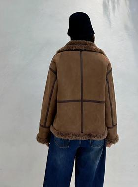 PINZ HOW 100%绵羊毛皮毛一体麂皮绒宽松大翻领加厚双面穿短外套