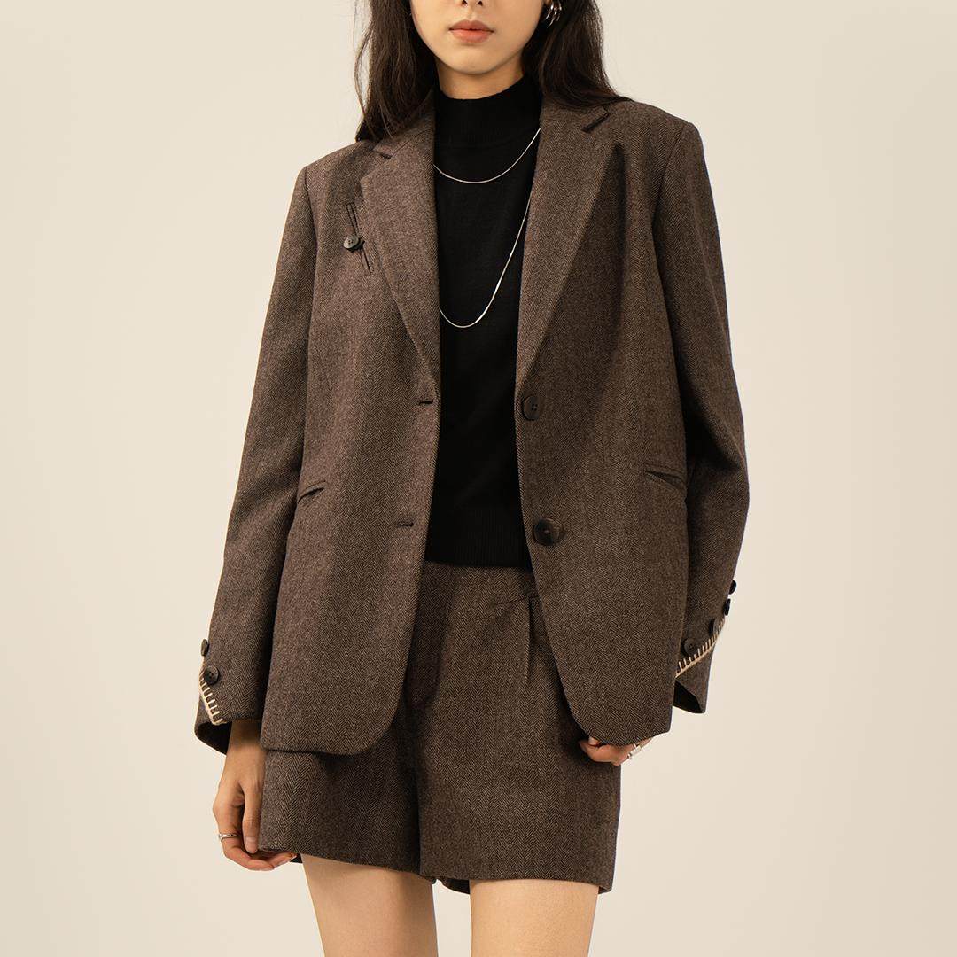 复古棕色羊毛粗人字纹西装外套