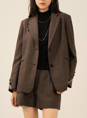 PINZ HOW复古棕色秋冬羊毛粗人字纹一字绣宽松休闲女士西装外套