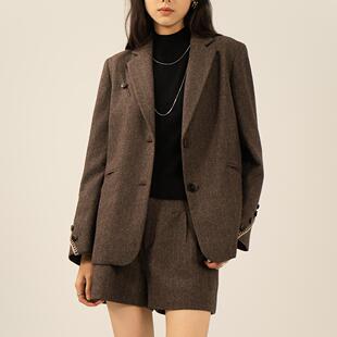PINZ HOW人字纹手工一字绣棕色复古羊毛混纺粗呢宽松休闲女士西装