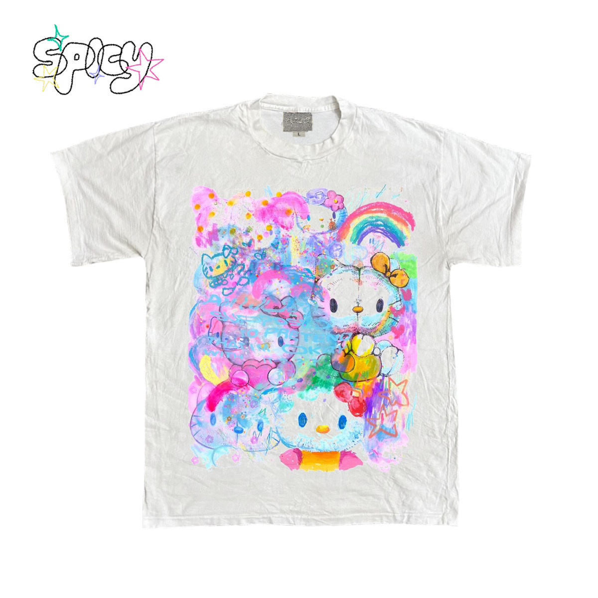 金枪小鱼 彩色蜡笔Kitty可爱短袖ins宽松T恤圆领ootd休闲oversize