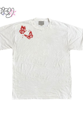 金枪小鱼 红色线稿蝴蝶简约短袖日常通勤百搭T恤正肩修身