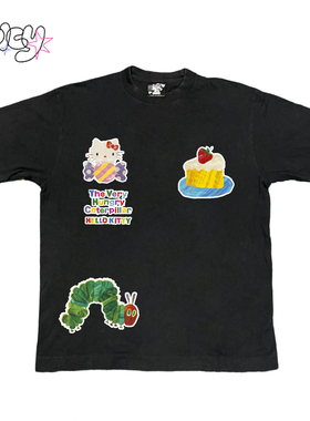 金枪小鱼 黑色系HelloKitty与毛毛虫短袖ins搞怪趣味T恤个性纯棉