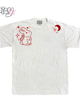 金枪小鱼 红色线稿小兔子月亮简约短袖日常通勤百搭T恤正肩修身