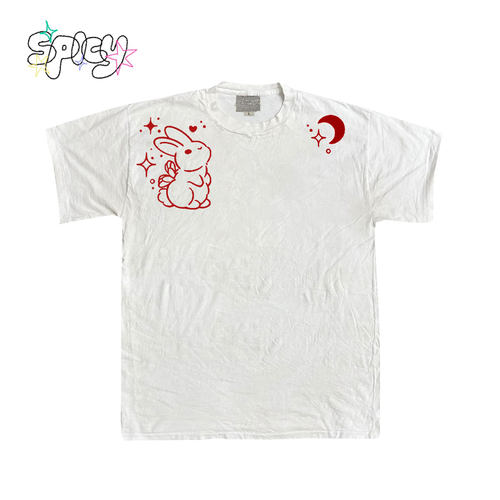 金枪小鱼 红色线稿小兔子月亮简约短袖日常通勤百搭T恤正肩修身