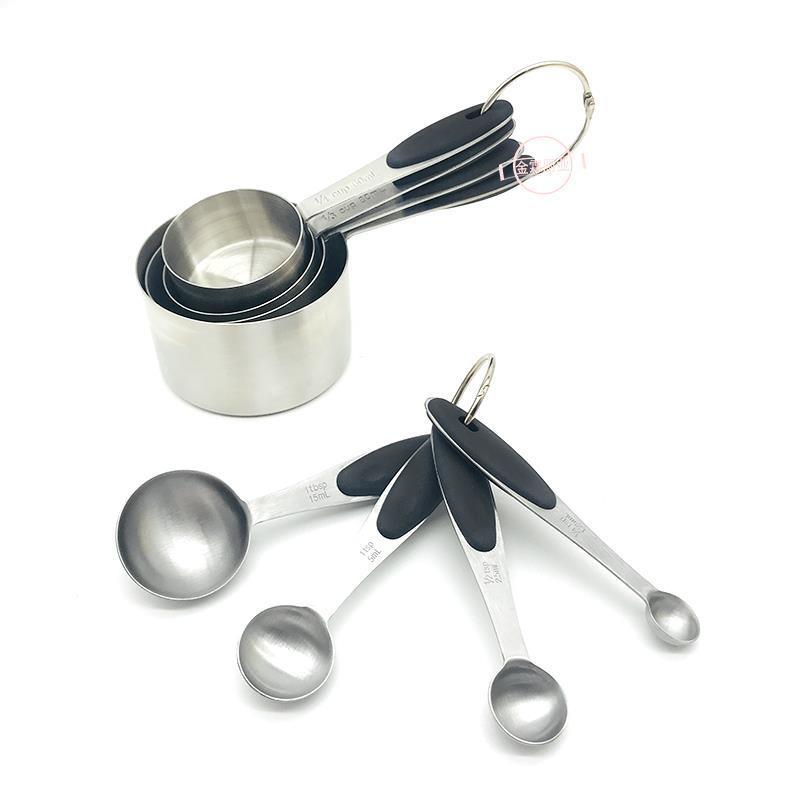 不锈钢量勺量杯套装硅胶手柄带刻度4件套8件套量匙烘焙工具现货