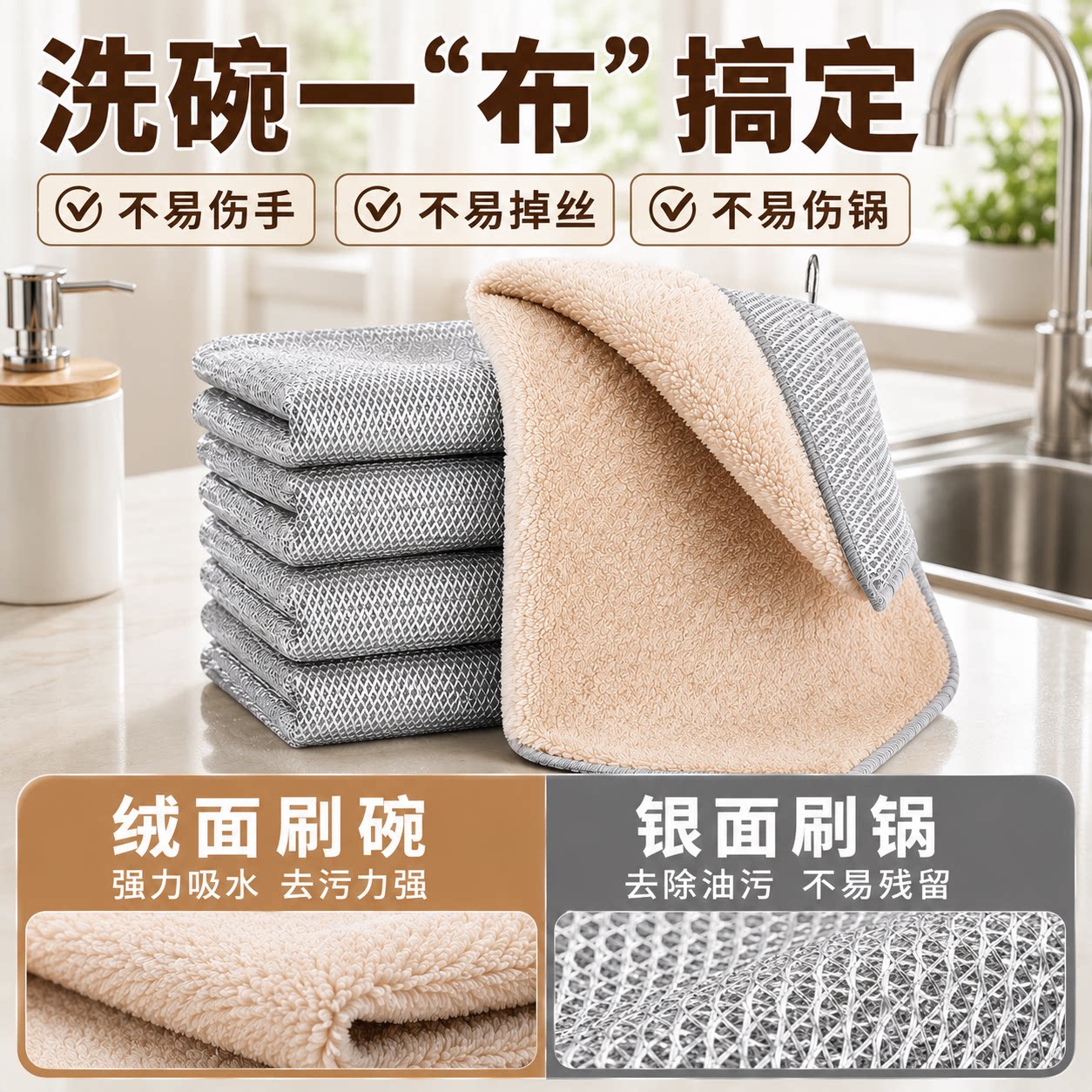【银丝绒面抹布】厨房二合一双面洗碗布加厚不易掉毛易清洁刷碗布