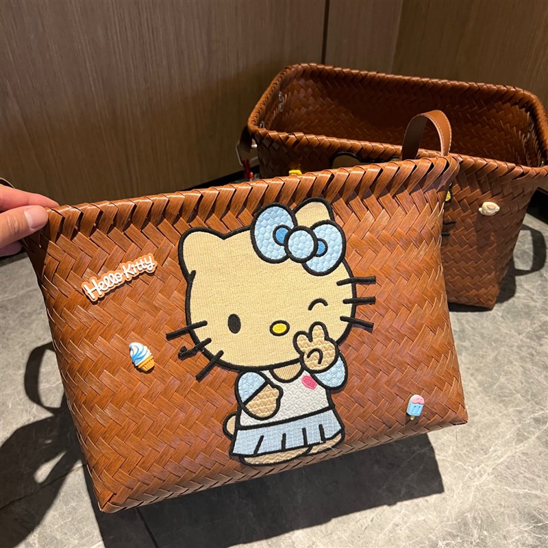 黑皮猫咪编织玩具收纳q筐汽车后备箱收纳箱可爱春游野菜筐子大容