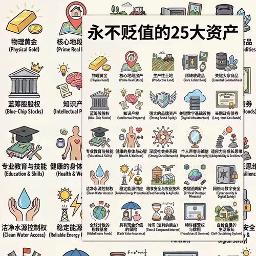25项永不贬值的财富资产指南贴纸自我增值干货搞钱思路学习装饰