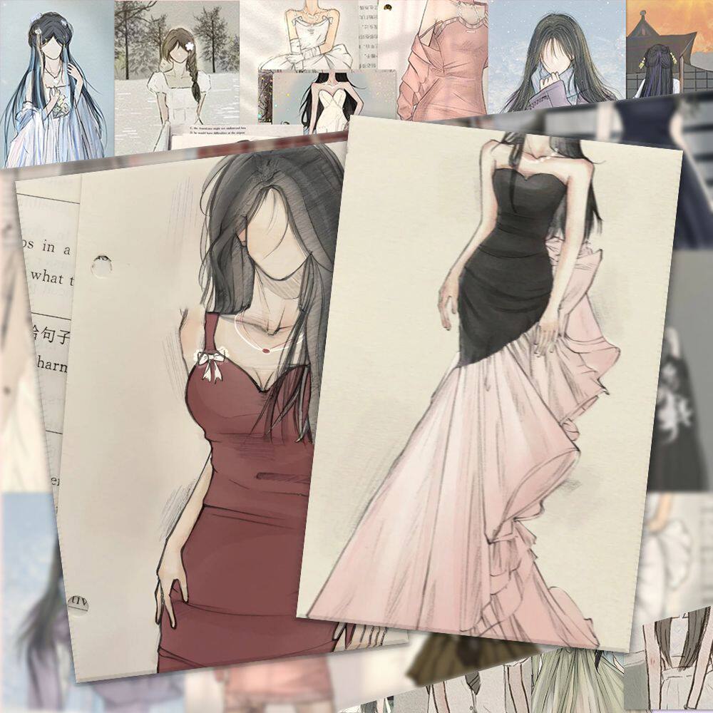 96张手绘白月光美女贴纸创意高颜值绘画素材diy桌面ins贴画自粘