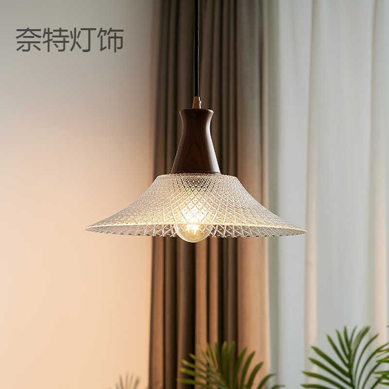 日式复古玻璃餐厅吊灯美式胡桃木吧台玄关灯法式中古卧室床头灯具