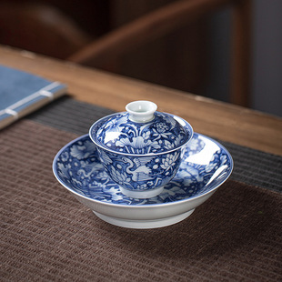 仿古泥青花一鹭莲科三才盖碗茶杯子复古风功夫泡茶碗办公室泡茶杯