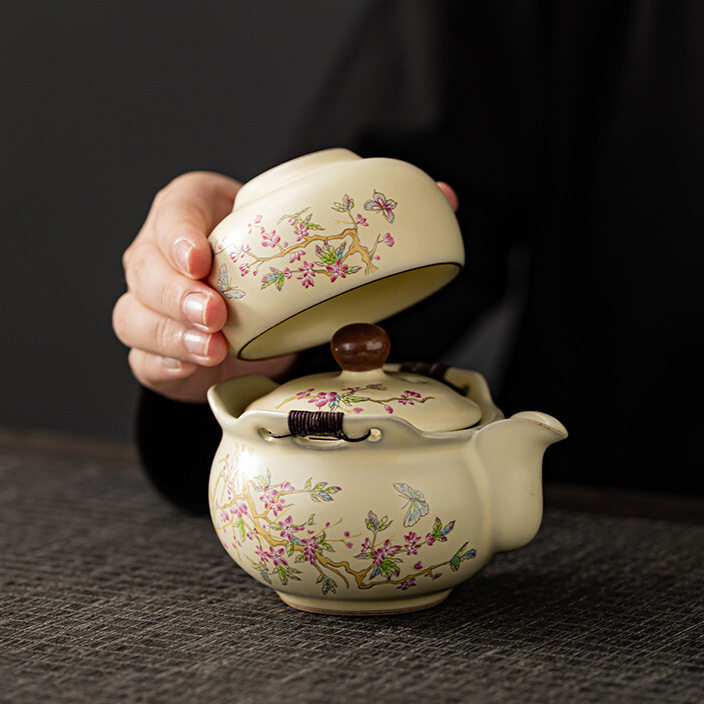 米黄手抓壶大号盖碗茶杯茶盘防烫泡茶碗汝窑开片户外旅行茶具套装