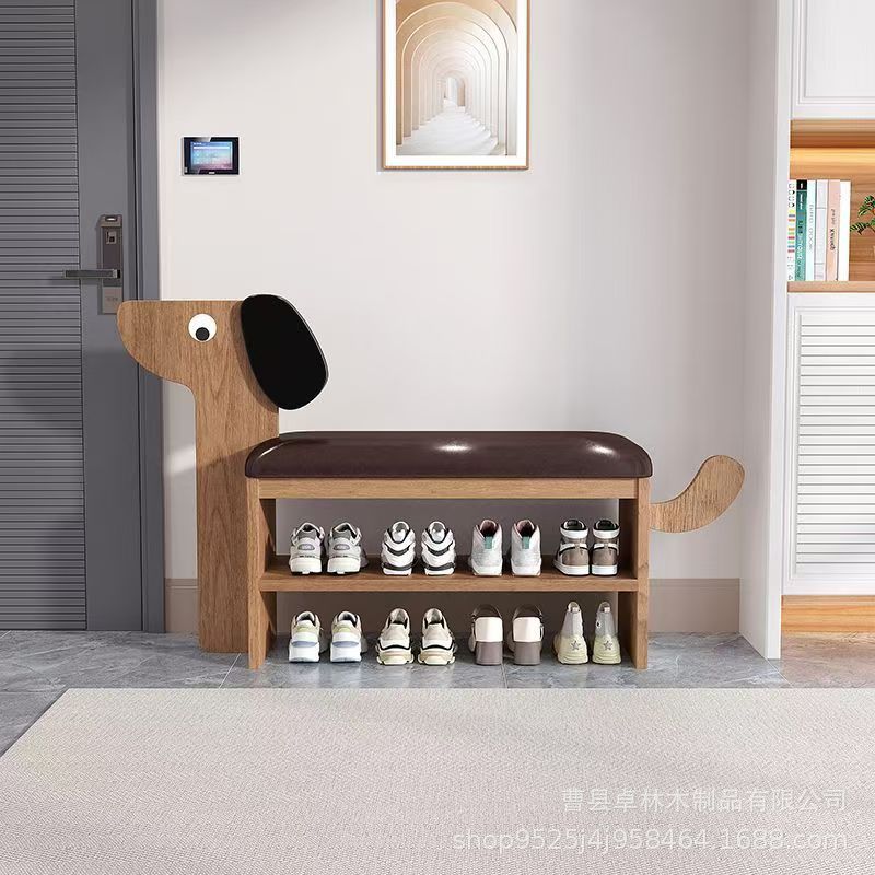 木质小狗入户换鞋凳带鞋架