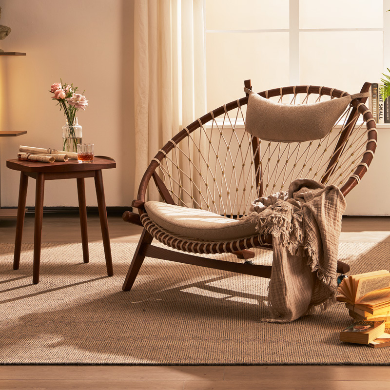 家用靠背椅阳台休闲椅白蜡木手工编绳孔雀椅客厅家具民宿ins风格