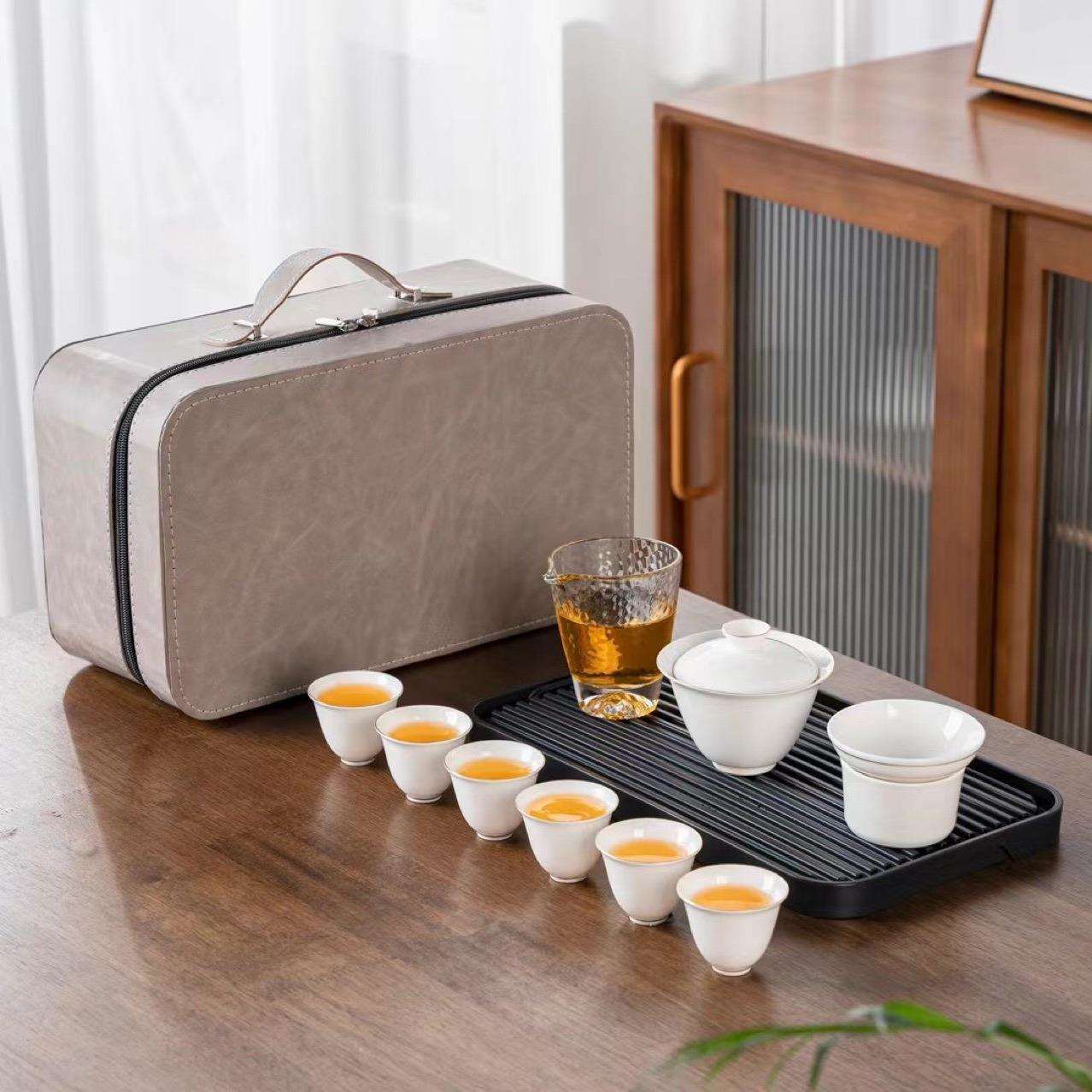 羊脂玉白瓷功夫旅行茶具套装家用待客泡茶盖碗户外便携包整套