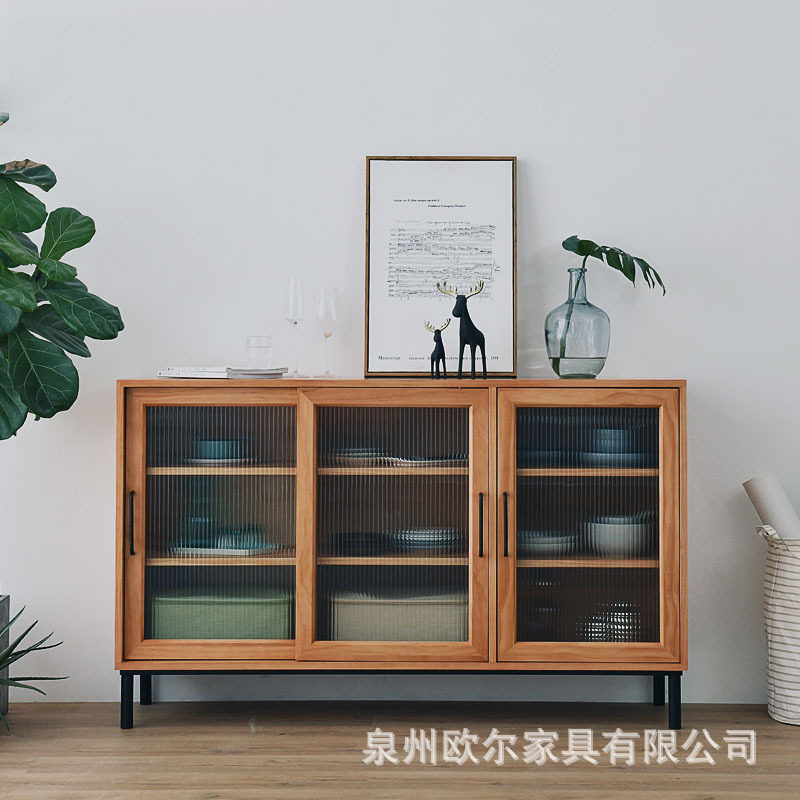 现代简约实木餐边柜客厅玄关储物矮柜餐厅厨房玻璃移门收纳碗柜