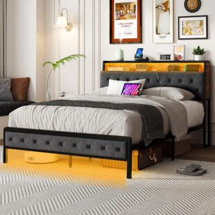 床架大号床，大号床架带储物床头板，软垫床头板带 3 层书柜架