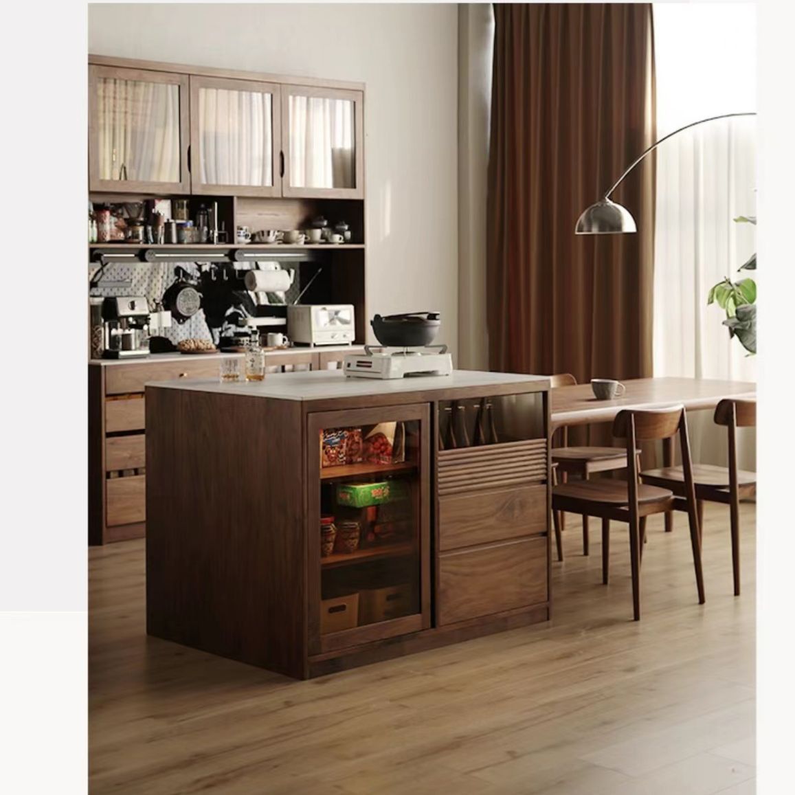 北美黑胡桃木岛台吧台实木厨房客厅料理台岩板餐边柜展示柜导