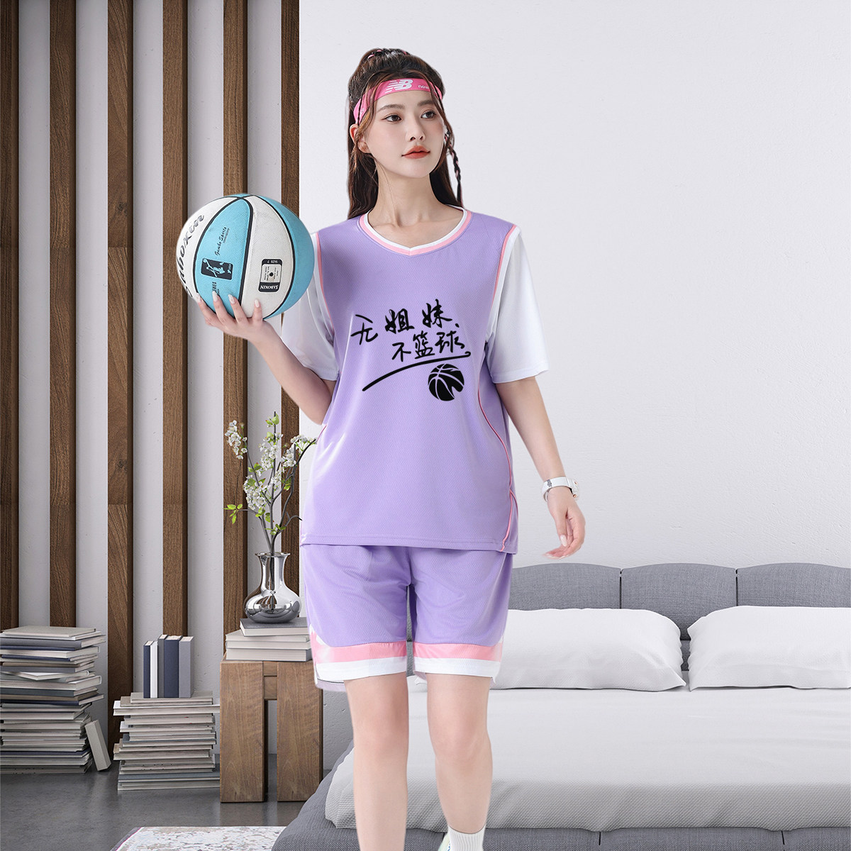 篮球服女定制运动比赛套装假两件有袖训练队服男成人儿童班服印制 - 实物图