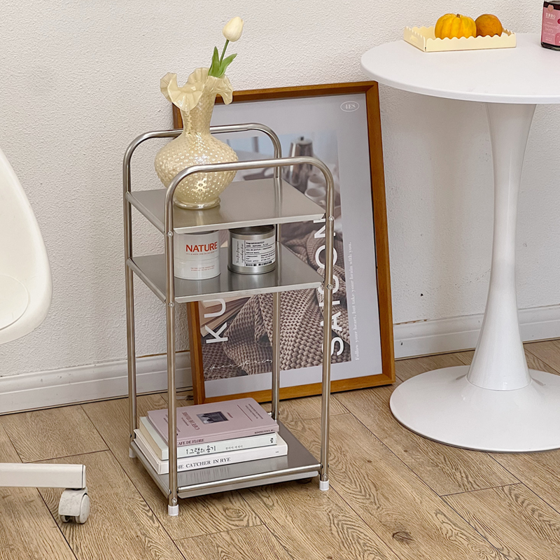 不锈钢客厅中古ins风落地置物架家J用厨房收纳床头边几小推车