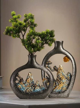 中式仿真b迎客松盆景屏风摆件客厅装饰品玄关柜办公室景观酒店造