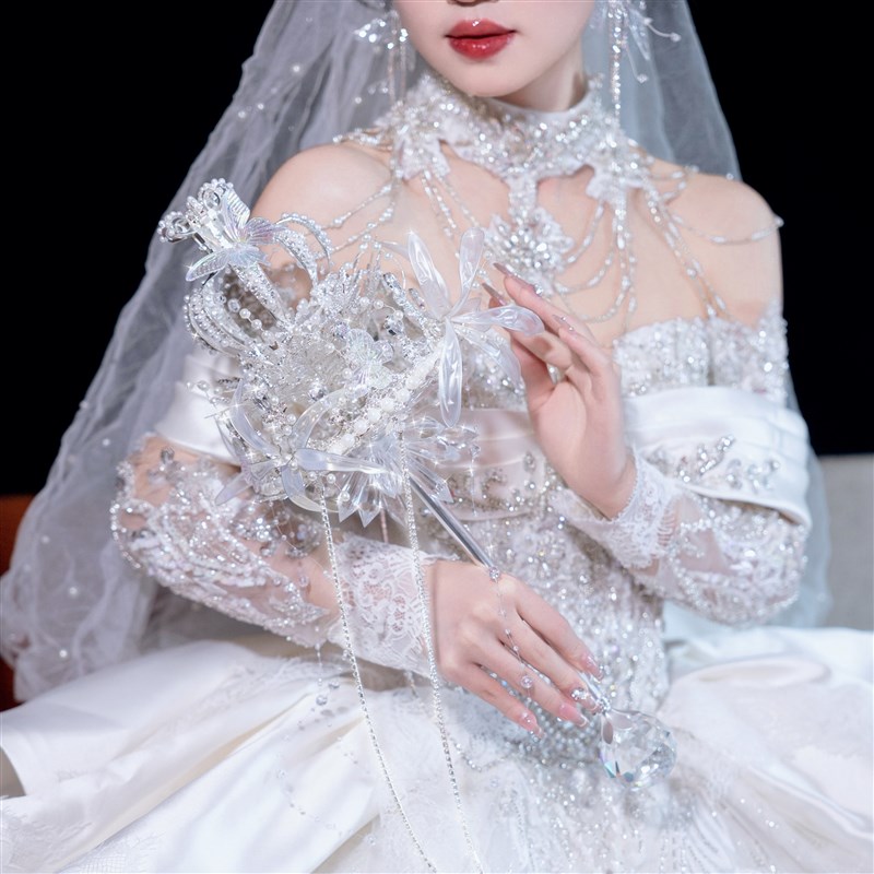 权杖手捧花婚礼新娘diy材料水晶公主高级重工婚h纱成品礼物新婚