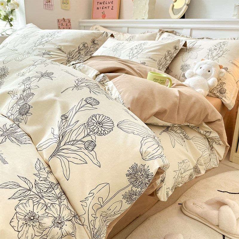 100全棉复古田k园床上四件套ins纯棉亲肤被套床单床笠款宿舍三件
