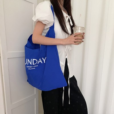 大容量蓝色d帆布包女2024新款学生设计感小众斜挎百搭单肩手提包