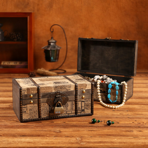 长方形复古欧式收纳盒桌面整理z木盒子家用文件证件储物盒密码箱