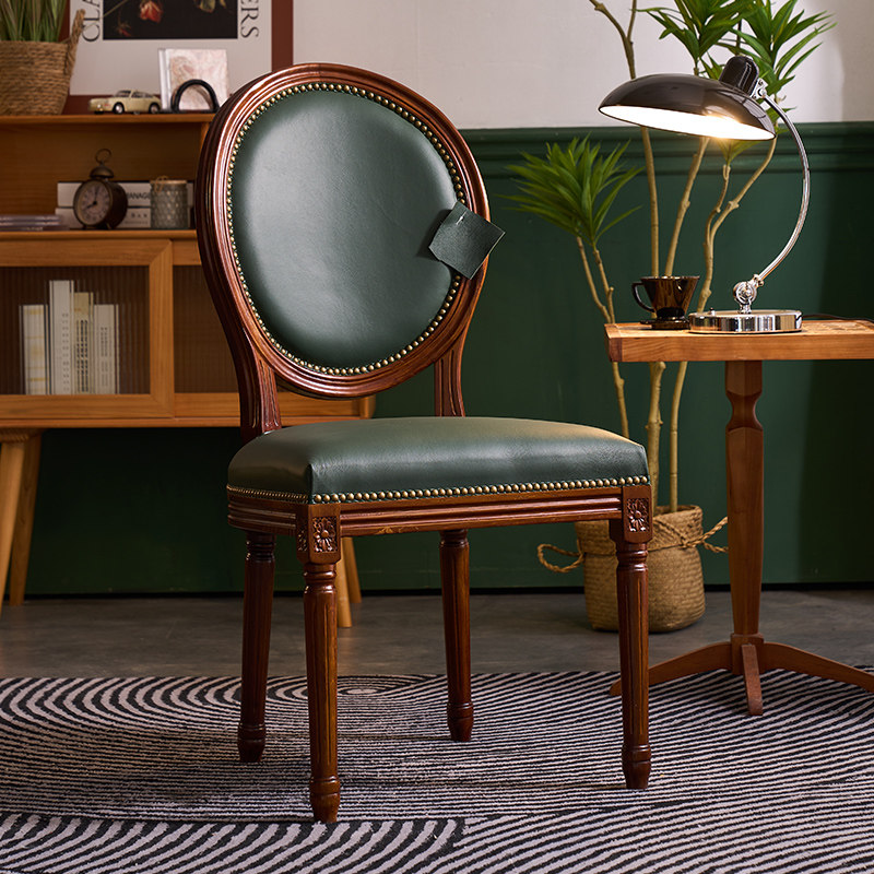 美式真皮餐椅复古l实木做旧休闲头层牛皮靠背椅咖啡厅酒店样板房
