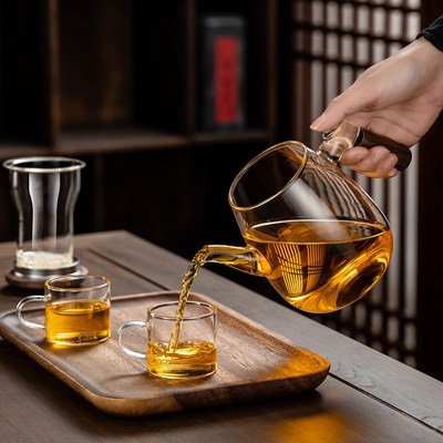 玻璃泡茶壶202k4新款加厚耐高温茶壶单壶茶水分离胡桃木侧把壶套