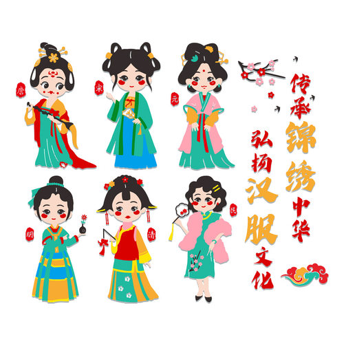 幼儿园墙面装饰中国传统服饰演变墙贴汉服M文化环创主题墙教室布