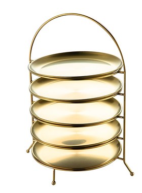 不锈钢水果d盘 韩式烤肉店盘子收纳架金色蛋糕盘甜品托盘三层五层