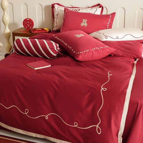 浪漫婚庆100S长绒棉四件套高级感刺绣K纯棉红色结婚被套床上用品