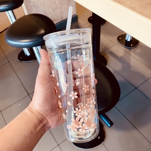 水杯双层玻璃杯带吸管带盖耐热隔热办公I室茶杯女日式大容量咖啡