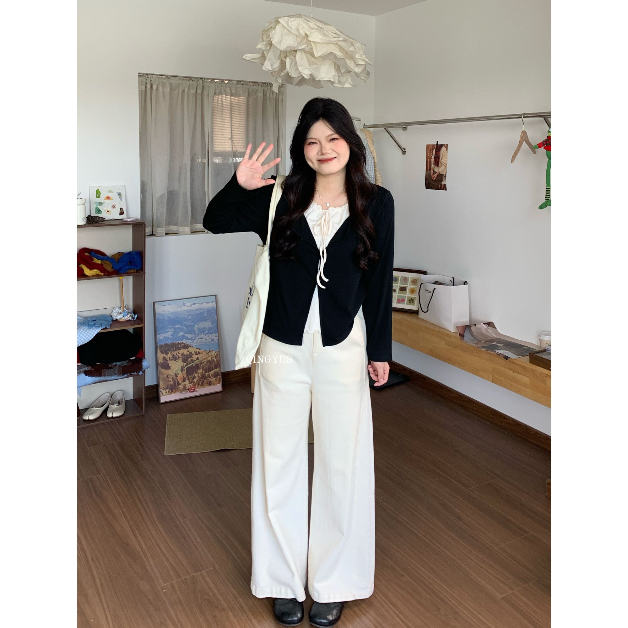 青屿衫-微胖初秋季大码韩系减龄穿搭木耳边撞色假两件正肩长袖T恤