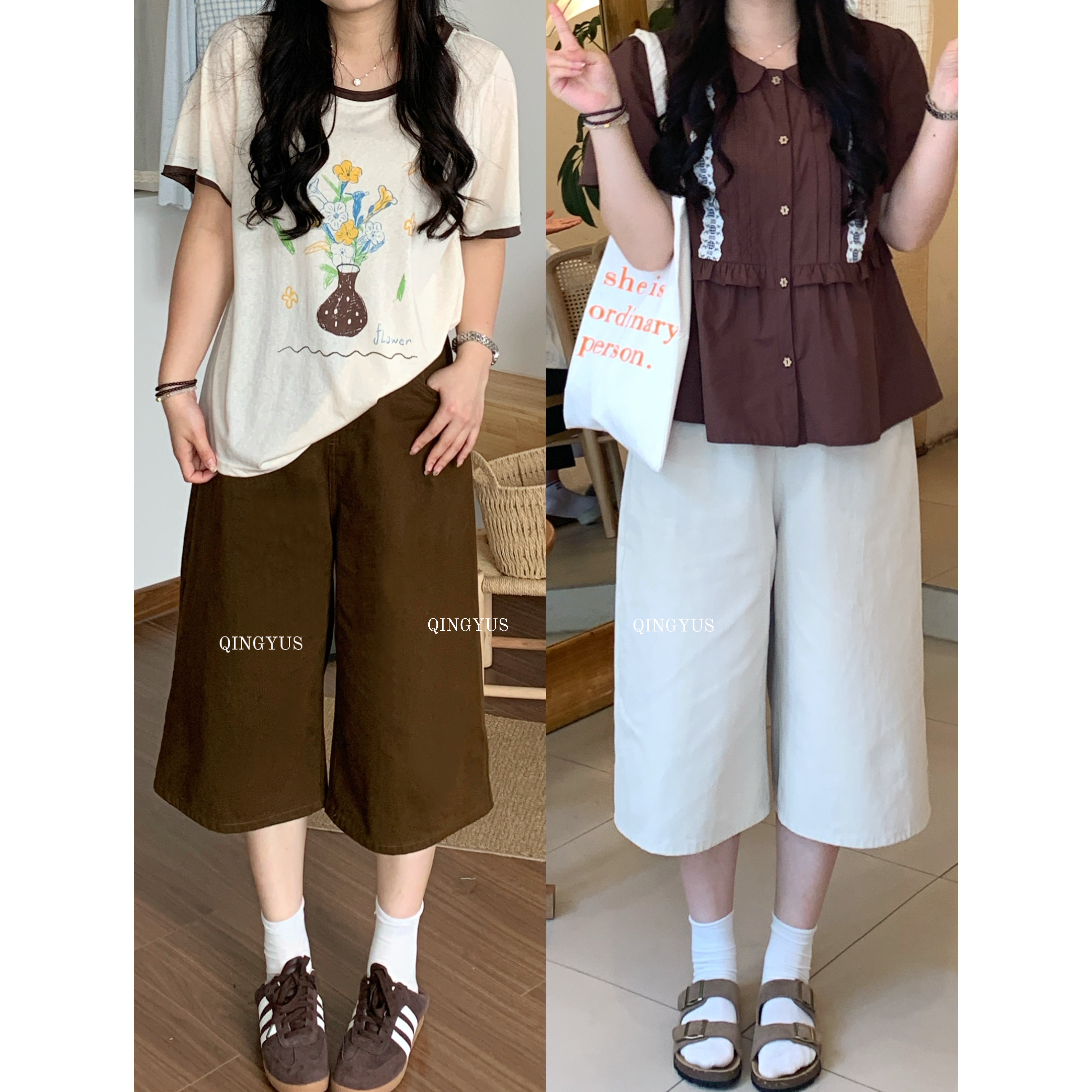 青屿衫-微胖夏季大码美式复古棕色高腰直筒阔腿宽松七分休闲中裤