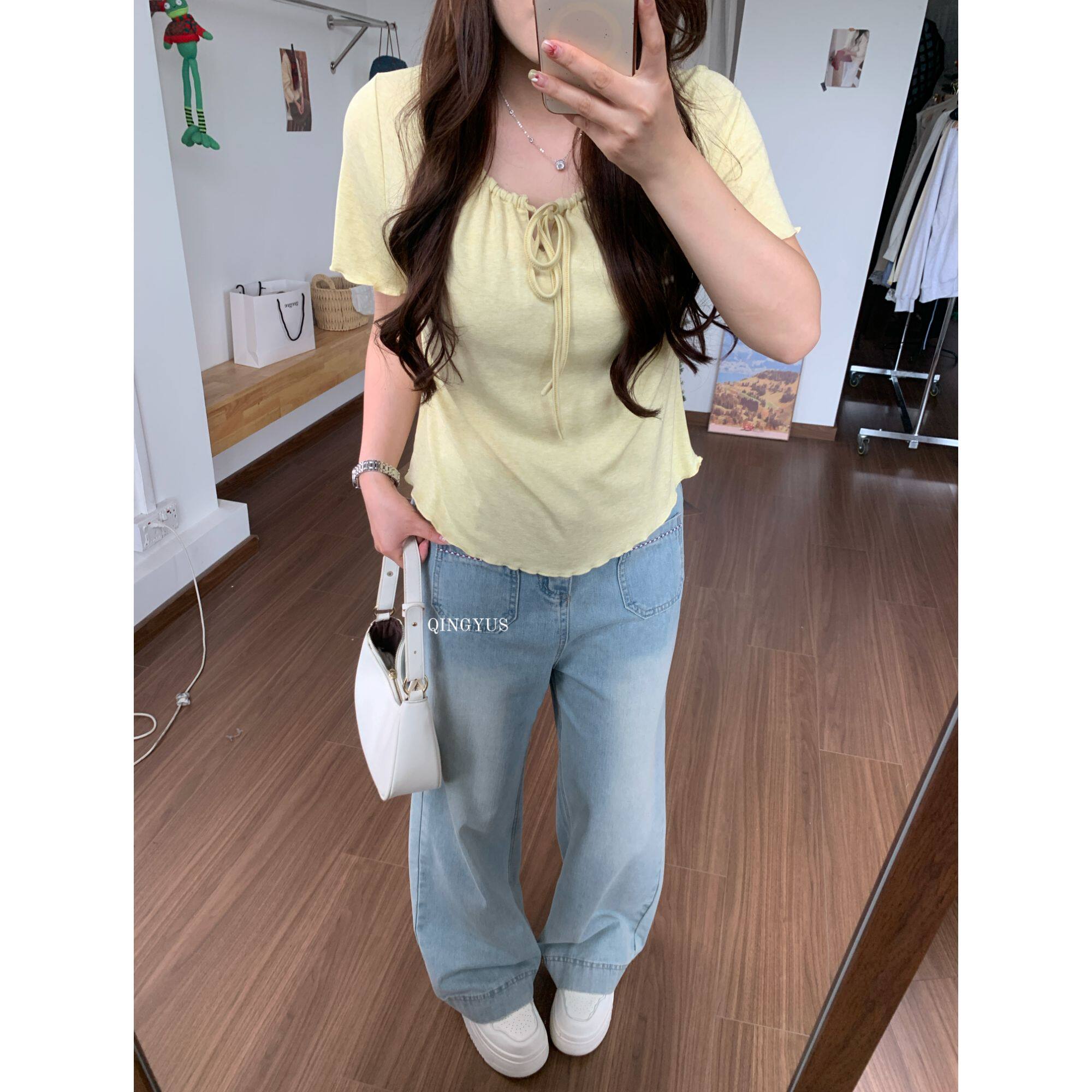 青屿衫-微胖夏季大码韩系温柔风设计感抽褶系带收腰显瘦正肩T恤女