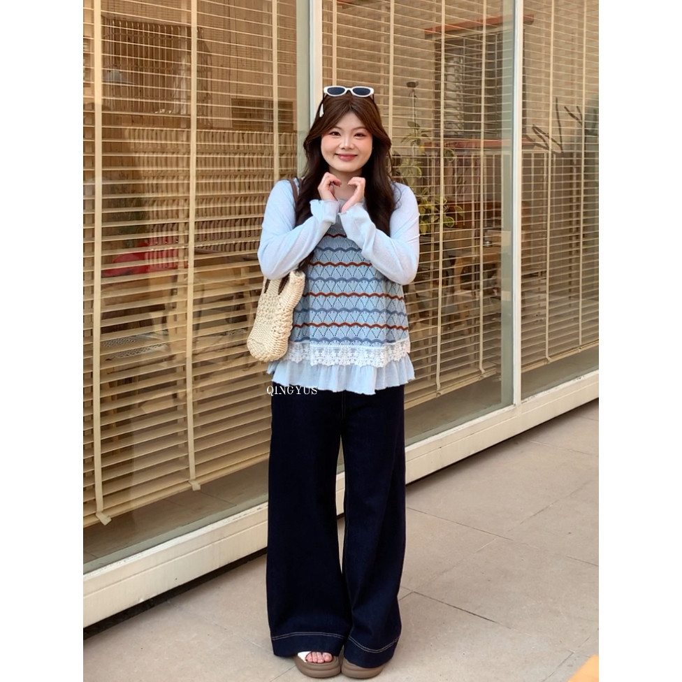 青屿衫-微胖显瘦春季大码韩系设计感菱格吊带+简约长袖T恤两件套